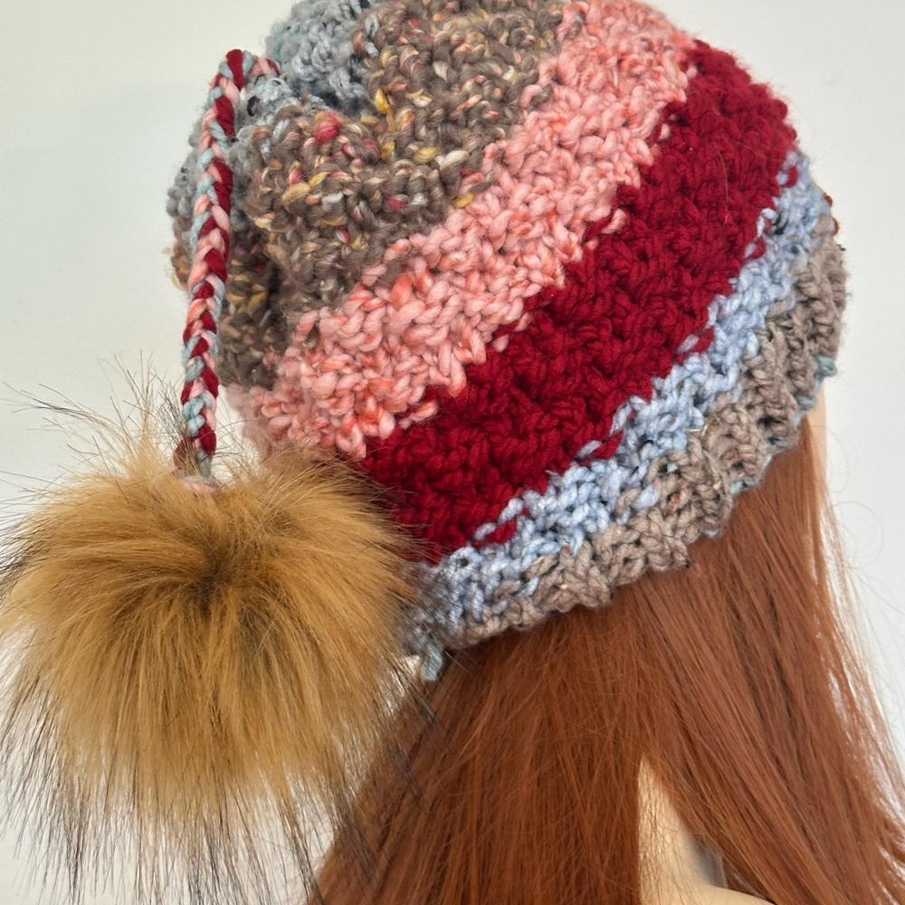 Hand Knits 2 Love Beanie Slouch Hat Cap Faux Fur Pom Pom Semi Chunky Designer